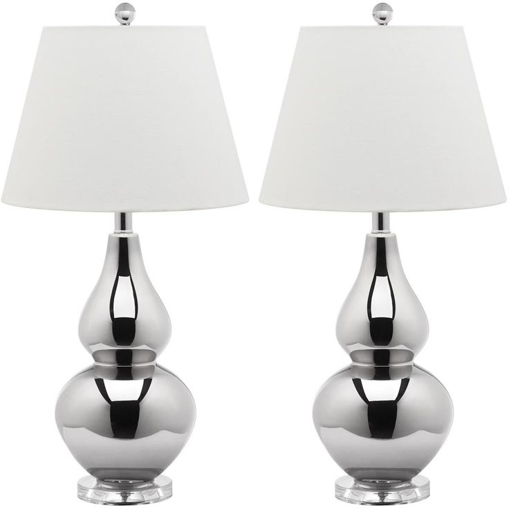 pair of chrome ball table lamps with white shade