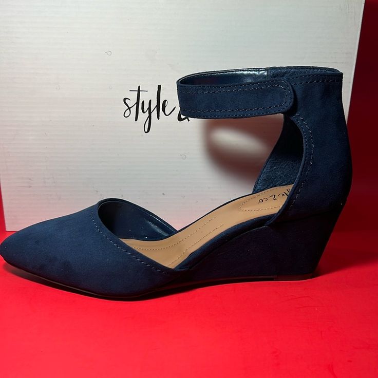 Nwt Navy Blue Style & Co Sandal Size 9 Blue Ankle-high Heels For Summer, Blue Pointed Toe Casual Sandals, Casual Blue Pointed Toe Sandals, Casual Blue Heels Medium Width, Blue Ankle Strap Heels Casual, Casual Blue Ankle Strap Heels, Blue Closed Toe Sandals With Medium Width, Blue Closed Toe Sandals Medium Width, Blue Medium Width Closed Toe Sandals