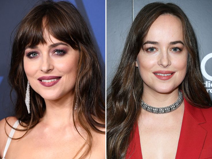 Celebrity Fringes Hairstyles, Best Woman Hairstyles, Short Bangs Big Forehead, Up Style With Bangs, Bangs Long Forehead, Bangs Different Styles, Dakota Johnson Bangs Fringes, Celebrity With Bangs, Bangs No Makeup