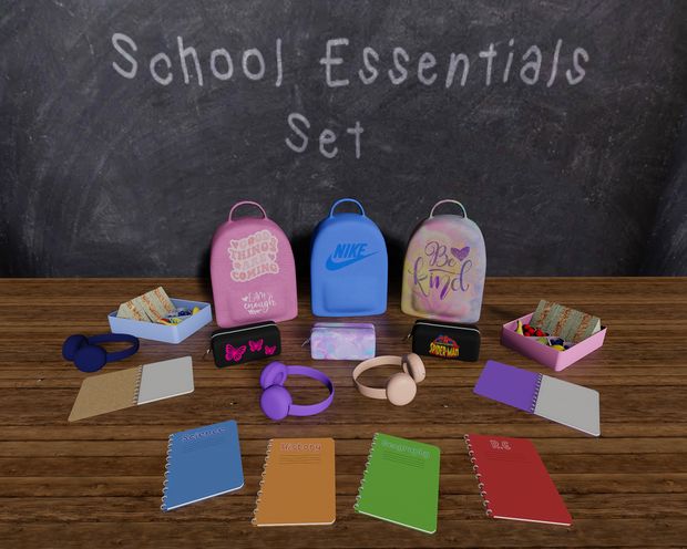 the back to school essentials set is displayed in front of a chalkboard with writing on it