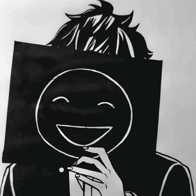 a black and white drawing of a person covering their face with a bag over his head