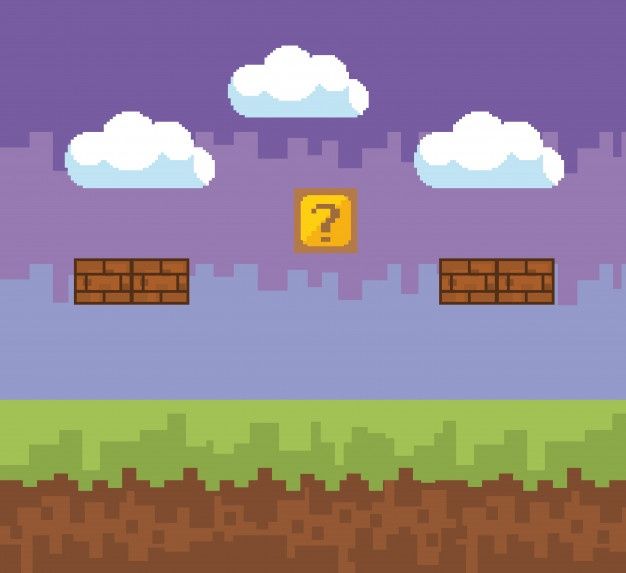 an image of a game being played in the style of pixel art with clouds and blocks