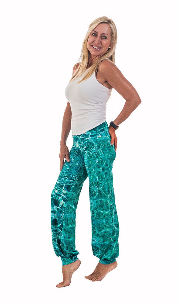 SlipIns Reflections Sand Pants are the jogger style pants you've been yearning for. They are the most comfortable, cutest, pull on style jogger pants that you can wear out for coffee, lunch or even dinner. Put them on when you wake and stay in these beautifully designed, sun protective pants all day! Packed in your suit case, stuffed in your beach bag or, even crammed in your purse these pants don't wrinkle. You won't believe how silky soft these jogger style pants are. Featuring a beautifully d Green Sand, Nothing At All, Sun Shirt, Whale Shark, Cuffed Pants, Fashion Joggers, Turquoise Water, Style Pants, Shirt Sale