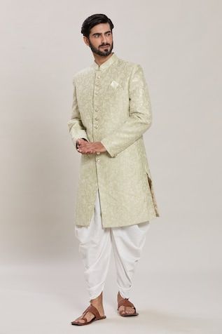 Pista green full sleeves malai silk kurta with all over Gulbahar embroidery using zari and sequin highlights. Paired with a white peshawari pant. - Aza Fashions Green Kurta With Naqshi And Traditional Drape, Green Kurta With Naqshi In Traditional Drape, Pista Green Kurta With Naqshi Traditional Drape, Pista Green Kurta With Naqshi In Traditional Style, Traditional Drape Kurta In Pista Green For Transitional Season, Pista Green Traditional Drape Kurta For Transitional Season, Festive Pista Green Kurta With Naqshi, Green Bandhgala With Chikankari Embroidery For Eid, Green Bollywood Bandhgala With Chikankari Embroidery