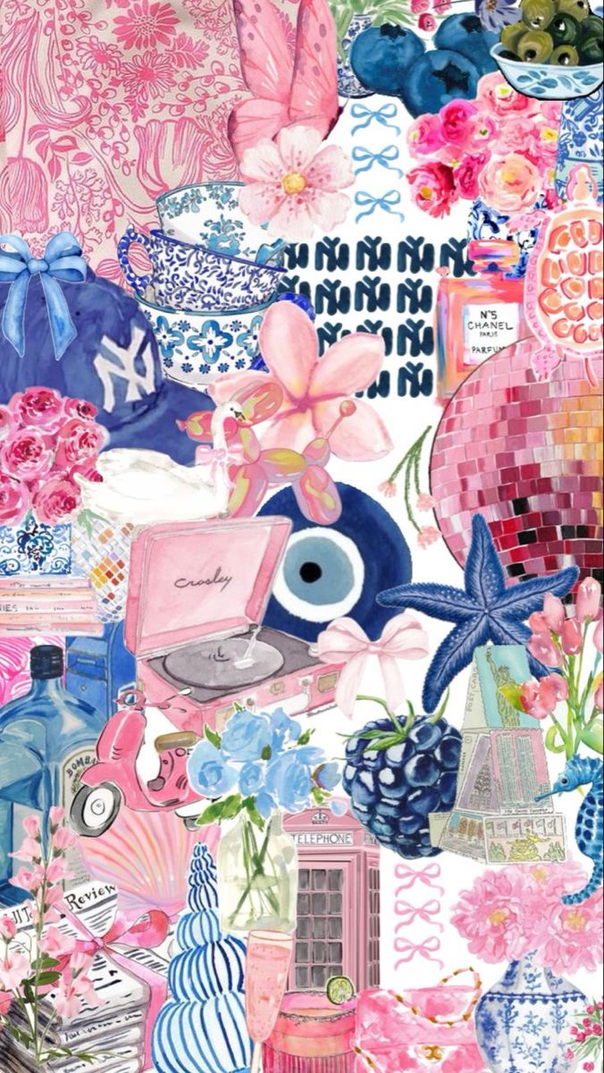 a collage of pink, blue and white items with flowers on the bottom right hand corner