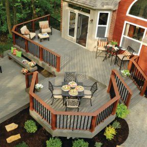 an aerial view of a deck and patio