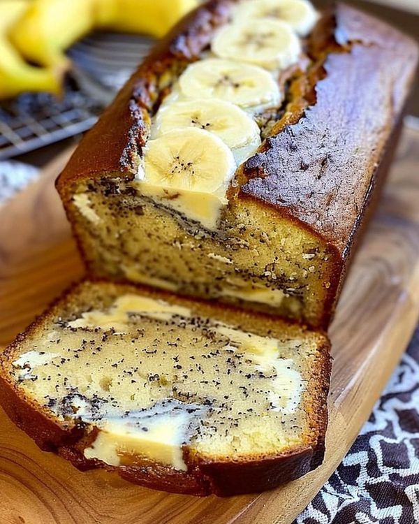 sliced loaf of banana bread on wooden cutting board with bananas in the backgroud