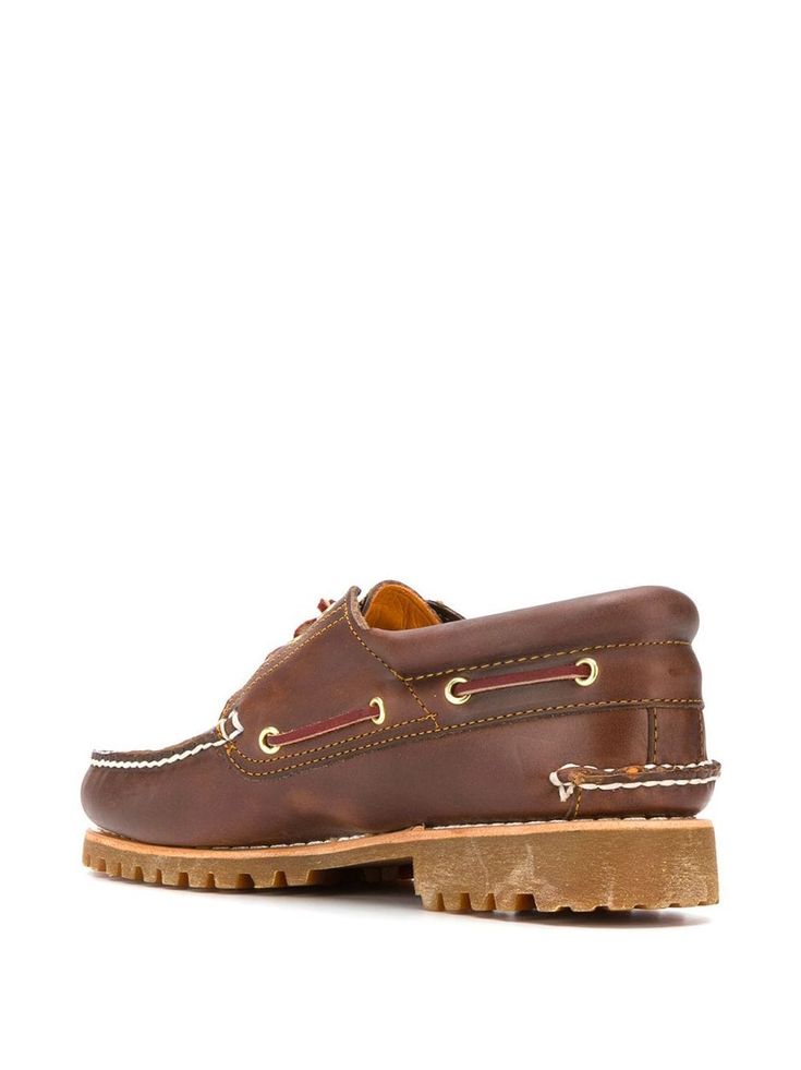 Brown leather and rubber chunky sole boat shoes from Timberland featuring a round toe, a lace-up front fastening, a branded insole, a flat sole and an embossed logo to the side . Rugged Boat Shoes With Leather Sole And Round Toe, Leather Boat Shoes With Stitched Sole And Round Toe, Leather Boat Shoes With Leather Footbed And Round Toe, Leather Boat Shoes With Rubber Sole And Flat Heel, Leather Boat Shoes With Rubber Sole, Leather Boat Shoes With Stitched Sole, Leather Lace-up Boat Shoes With Textured Sole, Brown Moccasins With Lug Sole And Round Toe, Leather Moccasins With Lug Sole And Round Toe