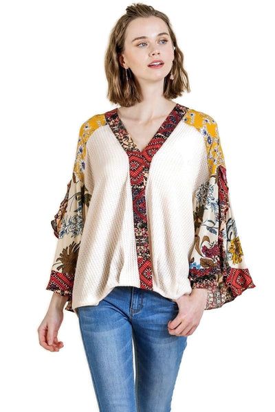 Multicolor V-neck Peasant Top For Fall, Fall Bohemian V-neck Blouse, Bohemian V-neck Top With Boho Print, Floral Print Rayon V-neck Top, Multicolor Floral Print V-neck Peasant Top, Bohemian V-neck Rayon Peasant Top, Bohemian Flowy V-neck Top, Bohemian V-neck Peasant Top With Floral Print, Hippie Style Rayon Tops For Spring