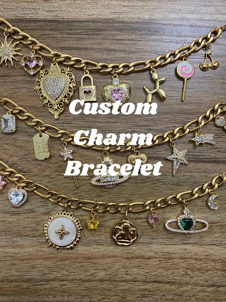 HOW TO ORDER 1. Message me and ask which charms are available  2. You can circle the charms you like from the picture and choose which order they go in on the bracelet  3. Purchase the listing after I double check if the charms you like are available, then we will figure out the layout of the charms on the chain  4. I will show you the finished piece before shipping it  It can take up to 10 days to make, please respond promptly so that I can make it faster and have it ready for you on time About Jewelry Making Bracelet With Removable Charms, Removable Charms Bracelet, Custom Handmade Gold Jewelry, Metal Bracelets With Removable Charms For Jewelry Making, Customizable Gold Charm Bracelet, Customizable Gold Metal Charm Bracelet, Customizable Gold Round Charm Bracelet, Customizable Round Gold Charm Bracelet, Gift Name Bracelet With Charms