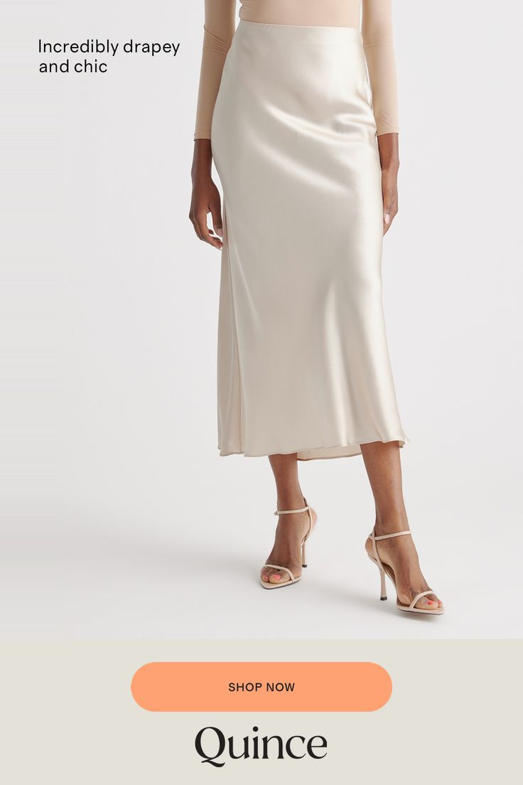 Elevate your wardrobe with our gorgeously drapey 100% Washable Silk Maxi Skirt, a stunning piece that looks effortless but feels incredibly comfortable. Crafted from best-in-class mulberry silk, this luxurious skirt has the same timeless silhouette as our beloved 100% Washable Silk Skirt, just in a longer maxi length. This must-have style is practical too: you can wash it, and the 100% silk fibers naturally nourish your skin and hair.  | Quince | Women's Maxi Skirt in Champagne, Size XS, Silk Elegant Spring Maxi Skirt For Night Out, Feminine Flowy Skirt For Night Out, Elegant Silk Bottoms For Date Night, Feminine Silk Bottoms For Evening, Elegant Solid Color Maxi Skirt For Daywear, Elegant Skirt For Date Night In Summer, Feminine Relaxed Maxi Skirt For Evening, Elegant Summer Maxi Skirt For Daywear, Feminine Flowy Evening Skirt