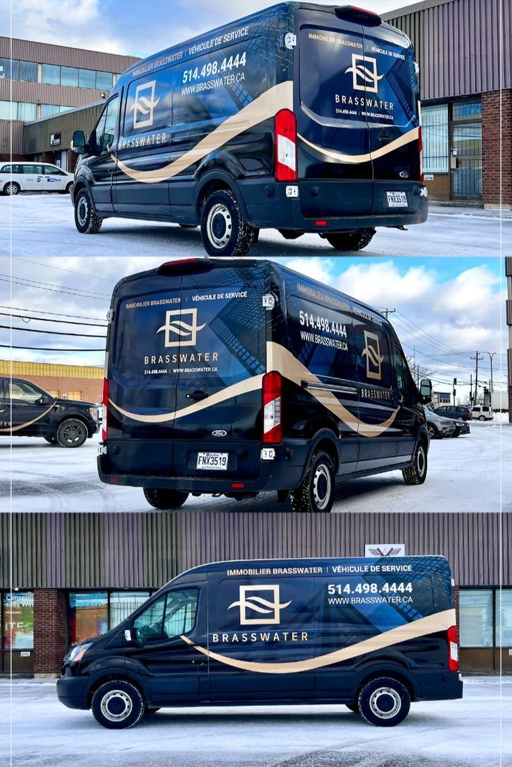 three different views of a blue van parked in front of a building