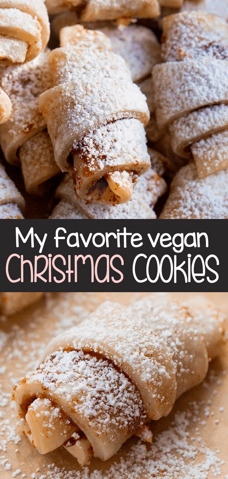 some cookies are stacked on top of each other with the words, my favorite vegan christmas cookies