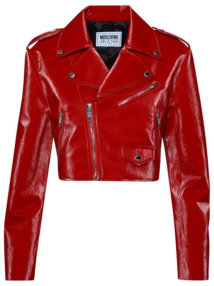 70% viscose, 15% polyester, 10% cotton, 5% metal Cropped Biker Jacket, Moschino Jeans, Womens Biker Jacket, Cropped Leather Jacket, Button Badge, Red Jacket, Biker Jacket, Moschino, Jean Jacket