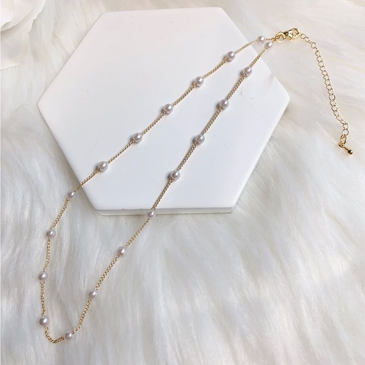 Gold Painted Mini Faux Pearl Scatter Chain Necklace Fashion Jewelry New. Length 14” + 3” Extension Adjustable White Clavicle Chain Necklace, White Clavicle Chain Necklace Choker, White Clavicle Chain Choker Necklace, White Choker Layered Necklace With Adjustable Chain, White Adjustable Chain Layered Choker Necklace, White Layered Choker Necklace With Adjustable Chain, White Adjustable Choker Layered Necklace, Adjustable White Delicate Chain Necklace, White Adjustable Clavicle Chain Layered Necklace