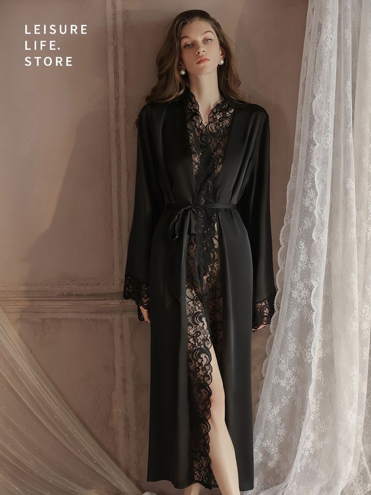 Summer Black Ice Silk Lace Robe Plus Size Silk Lace Trim Pajamas Elegant Lace Bathrobe Fitted V-neck Sleep Robe, Fitted V-neck Robe For Sleep, Elegant Black Sleepwear For Home, Black Fitted Sleep Sets, Black Long Sleeve Nightgown For Loungewear, Fitted Long Sleeve Sets For Night, Fitted Satin Robe For Loungewear, Fitted Long Sleeve Satin Sleepwear, Fitted Robe With Lace Trim For Loungewear