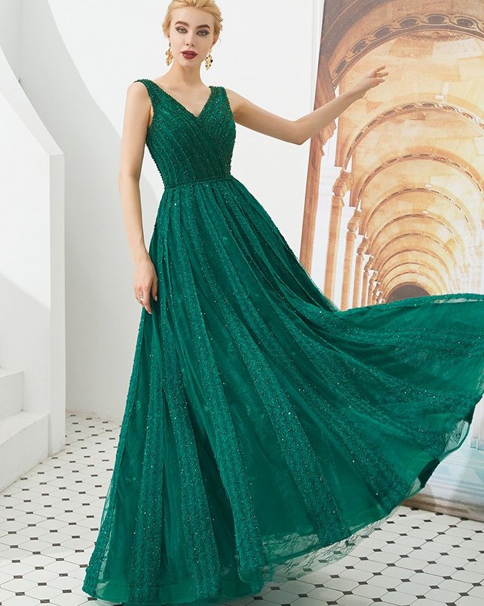 v-neck beading evening dress, green beading formal dress Dark Green Prom Dresses, Promotion Dresses, Green Formal Dresses, Evening Dress Long, A Line Evening Dress, Tulle Evening Dress, Evening Dress Floor Length, Lace Formal Dress, Prom Dresses Sleeveless