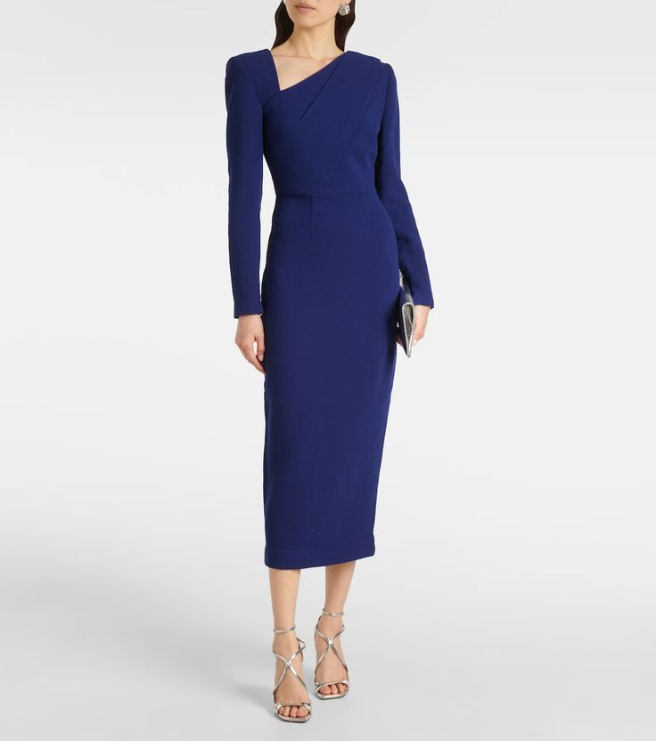 Wool crêpe midi dress in blue - Roland Mouret | Mytheresa Evening Midi Dress With Structured Shoulders And Long Sleeves, Evening Long Sleeve Midi Dress With Structured Shoulders, Formal Structured Crepe Dress, Fall Evening Dress With Structured Boning, Fall Evening Dress With Structured Shoulders, Fall Gala Midi-length Dress, Evening Dresses With Structured Shoulders For Fall, Spring Formal Midi Dress With Structured Boning, Chic Crepe Maxi Dress For Evening