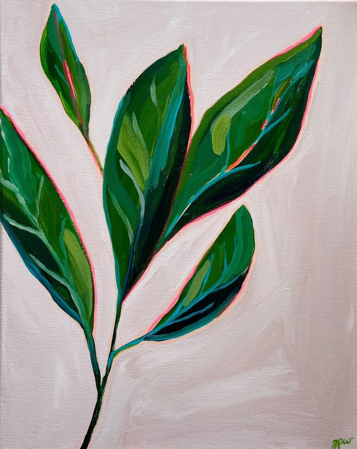 a painting of a green leaf on a white background with pink and blue accents is shown