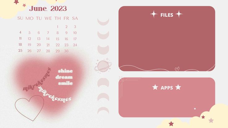 a calendar with hearts, stars and clouds on the cover is shown in this image