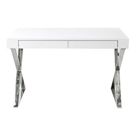 a white desk with two drawers and chrome legs