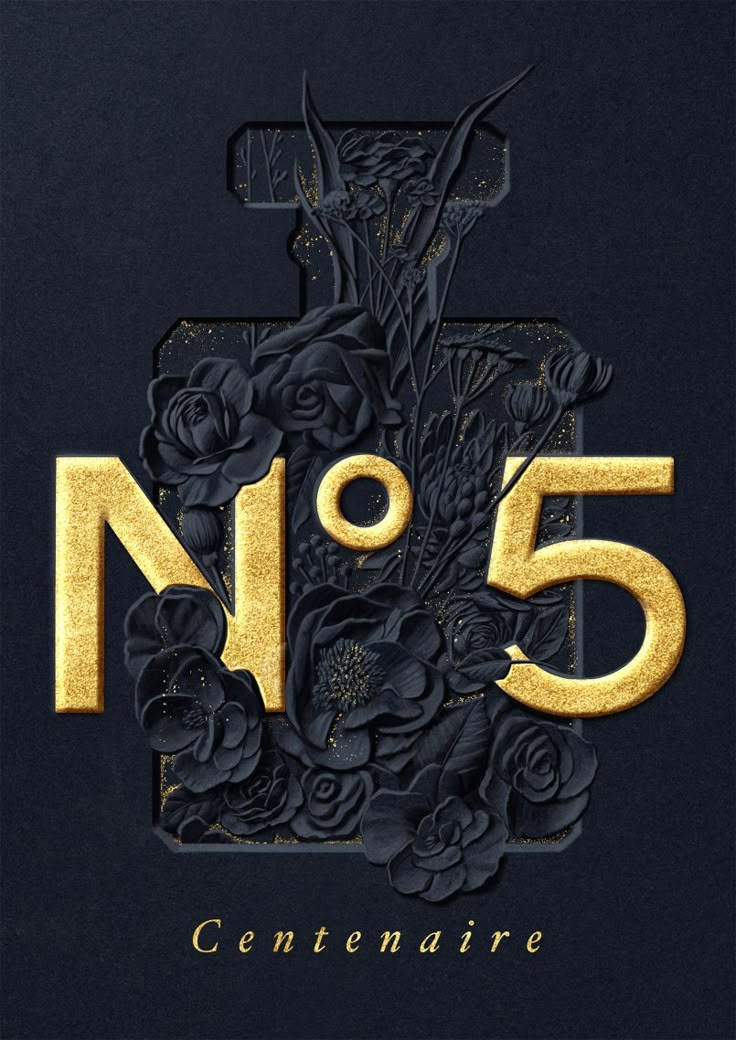 the number five is surrounded by flowers and gold foil on a black background that says no 5