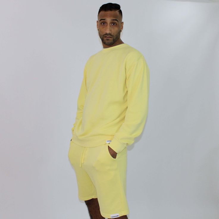 Yellow Soft and Shrink Resistant Men's Crewneck Sweatshirt Mens Crewneck Sweatshirt, Yellow Shorts, Fleece Shorts, Sweat Shorts, Mens Crew Neck, Quality Clothing, Mens Long Sleeve, Mens Shorts, Effortless Style