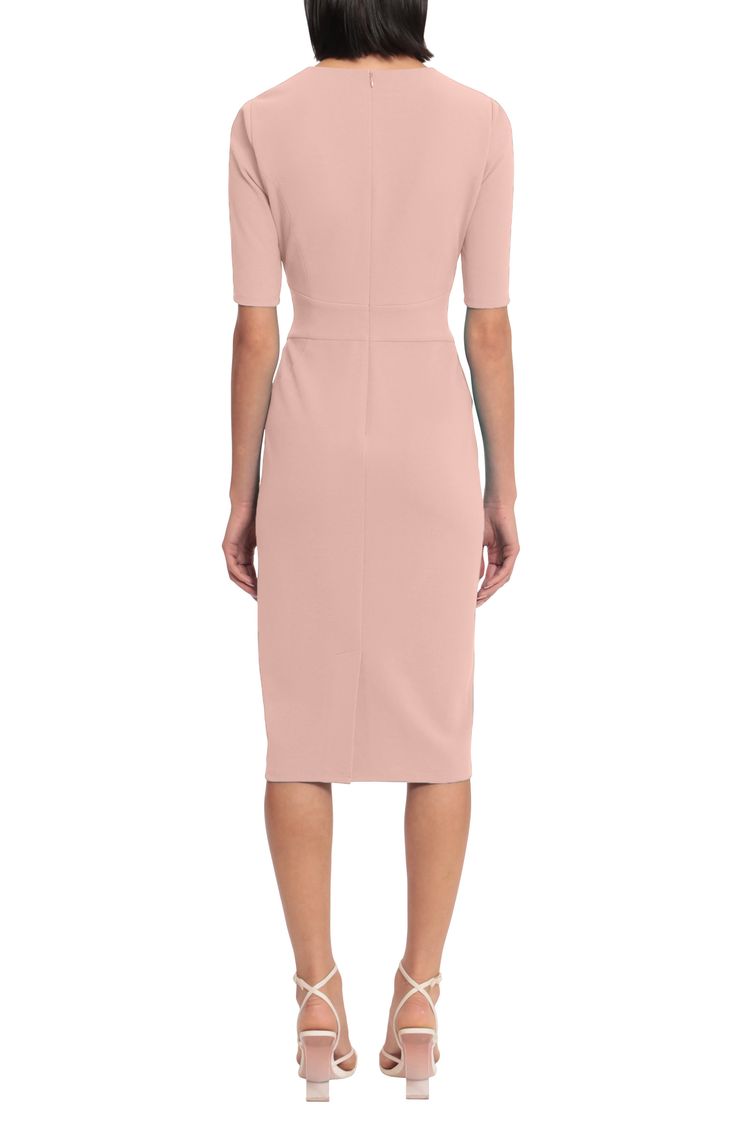 Bodycon Knee-length Midi Dress For Work, Knee-length Bodycon Midi Dress For Work, Dressy Fitted Sheath Midi Dress, Chic Knee-length Bodycon Dress With Side Zipper, Semi-formal Midi Dress With Notched Neckline, Chic Fitted Midi Dress With Notched Neckline, Fitted Feminine Linen Midi Dress, Fitted Feminine Midi Dress With Flattering Silhouette, Feminine Fitted Linen Midi Dress