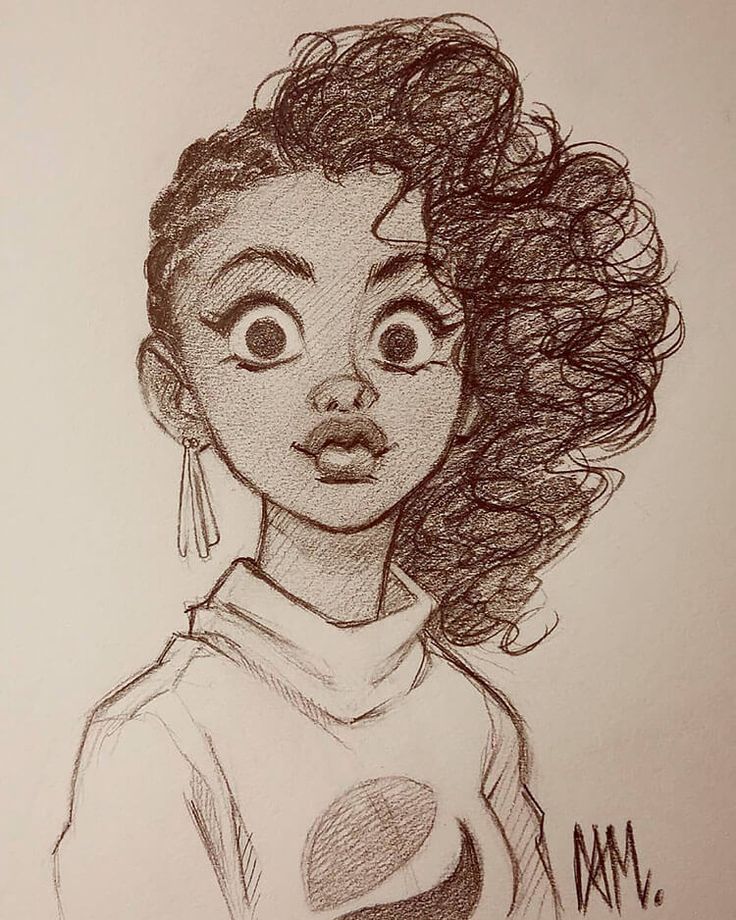 a drawing of a girl with curly hair and big eyes, wearing a white shirt