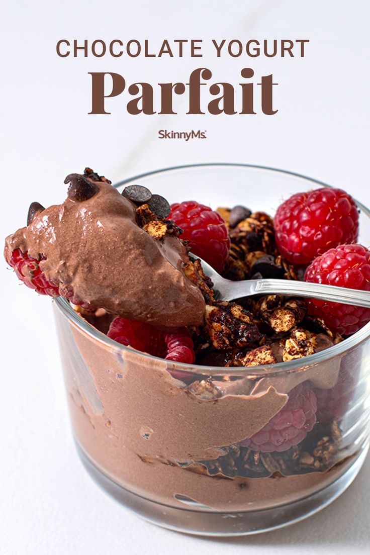 chocolate yogurt parfait in a glass bowl with raspberries and granola