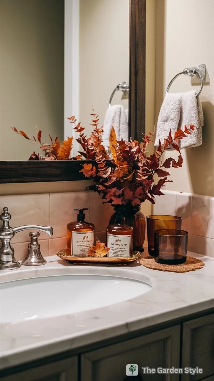 a bathroom sink with soap, candles and flowers in the corner next to the mirror