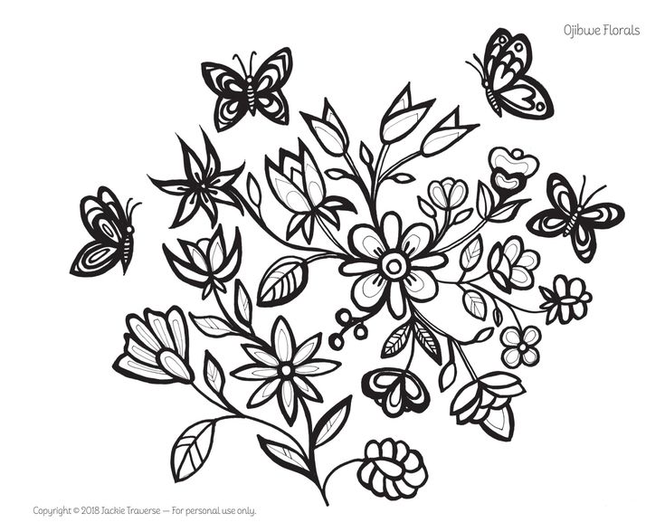 a bouquet of flowers with butterflies flying around it on a white background, coloring page for adults and children