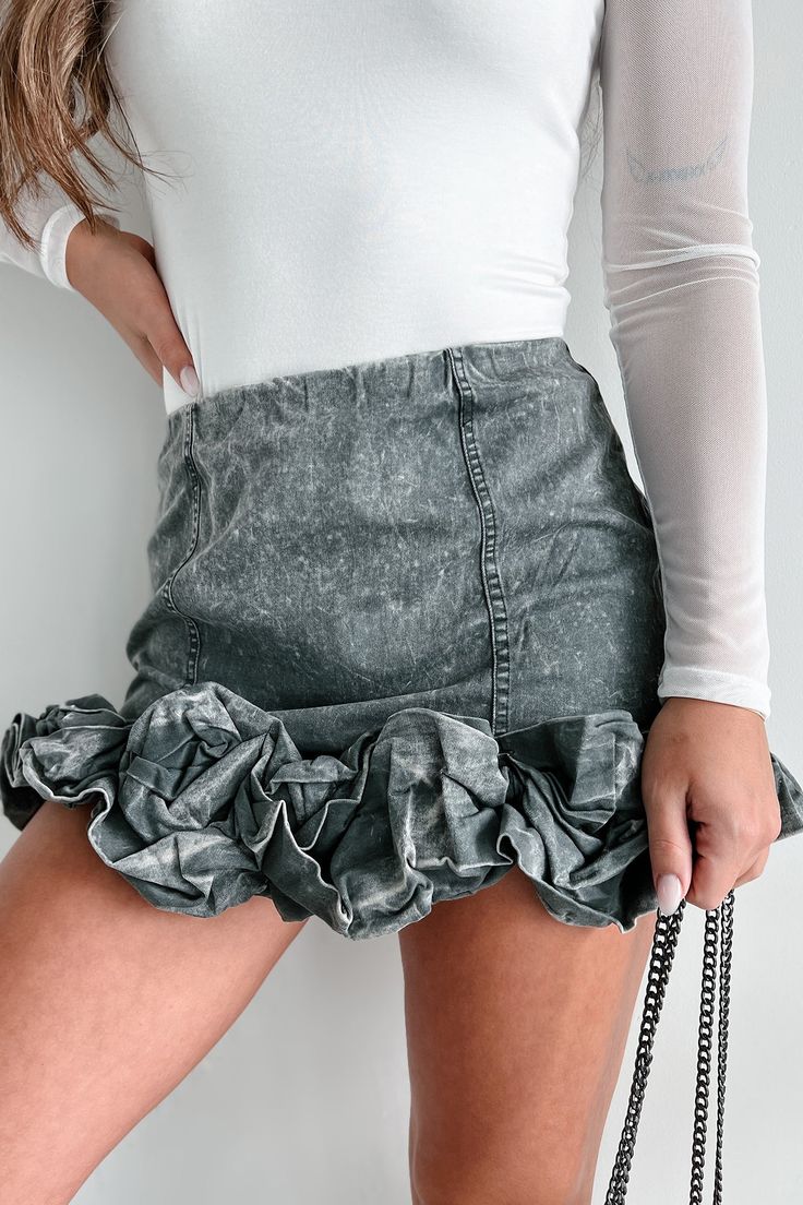 Call The Paparazzi Ruffled Denim Mini Skirt (Washed Black) - NanaMacs High Waist Cotton Mini Skirt With Ruffles, Chic Cotton Denim Skirt With Ruffles, Chic Ruffled Cotton Denim Skirt, Chic High Waist Denim Skirt With Ruffles, Chic High Waist Ruffled Denim Skirt, Fitted Mini Denim Skirt With Ruffles, Chic High-waist Ruffled Denim Skirt, Trendy High-waisted Ruffled Mini Skirt, Chic Pleated Fitted Denim Skirt