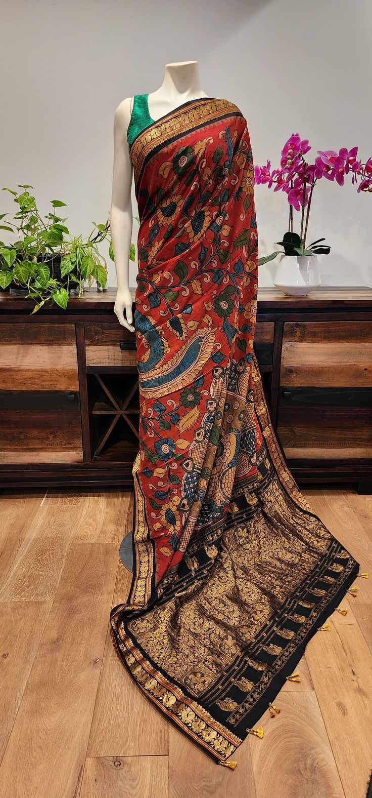 Bollywood Style Festive Pre-draped Saree With Kalamkari Print, Bohemian Silk Pre-draped Saree For Puja, Red Chanderi Blouse Piece With Block Print, Festive Kalamkari Print Pre-draped Saree In Slub Silk, Red Kalamkari Print Traditional Wear In Cotton Silk, Red Cotton Silk Traditional Wear With Kalamkari Print, Art Silk Saree With Kalamkari Print In Traditional Drape, Red Cotton Silk Blouse Piece With Kalamkari Print, Art Silk Saree With Kalamkari Print