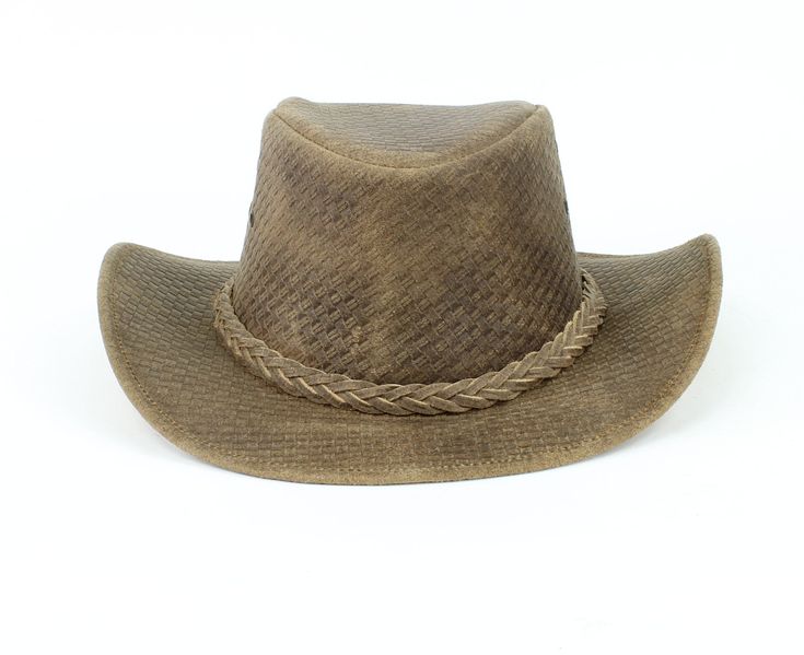 Our weaved leather cowboy hats are made of genuine cowhide leather. This beautifully handcrafted hat is made with fine craftsmanship and materials. Any scars, wrinkles or other subtle variations are characteristics of natural leather and do not affect its strength or quality. The unisex leather hat is embellished with brass conchos. The crown of the had also boasts a braided hat band. Use the strap for windy days or to keep it around your neck while traveling so you won't lose it. Perfect access Western Brown Straw Hat For Outdoors, Western Style Brown Straw Hat For Outdoor, Brown Western Straw Hat For Outdoor, Brown Western Style Straw Hat For Outdoor, Brown Western Style Outdoor Straw Hat, Western Braided Hat Bands For Rodeo, Braided Western Hat Bands For Rodeo, Western Distressed Brown Hat For Outdoor, Western Style Distressed Brown Hat For Outdoor