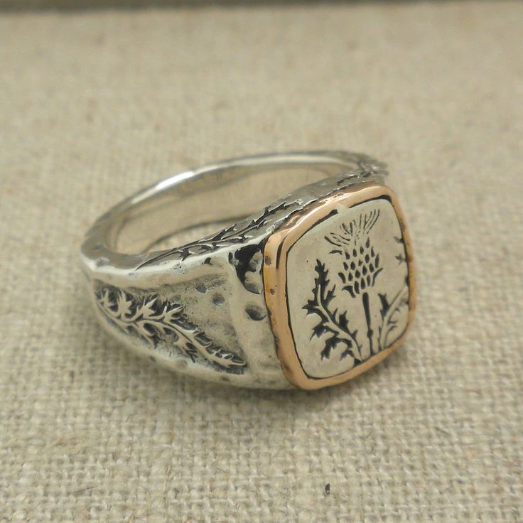 Bronze and Sterling Silver Celtic Scottish Thistle Signet - Etsy Etsy Uk Jewellery, Scottish Jewellery Vintage, Scottish Thistle Ring, Flower Signet Ring, Signet Wedding Ring Men, Designer Engraved Rectangular Jewelry, Designer Engraved Ring As A Gift, Designer Engraved Rings For Gifts, Designer Engraved Ring For Gifting