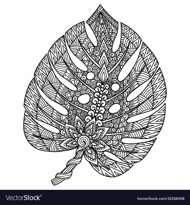 a black and white drawing of a leaf with intricate designs on the leaves is shown in this