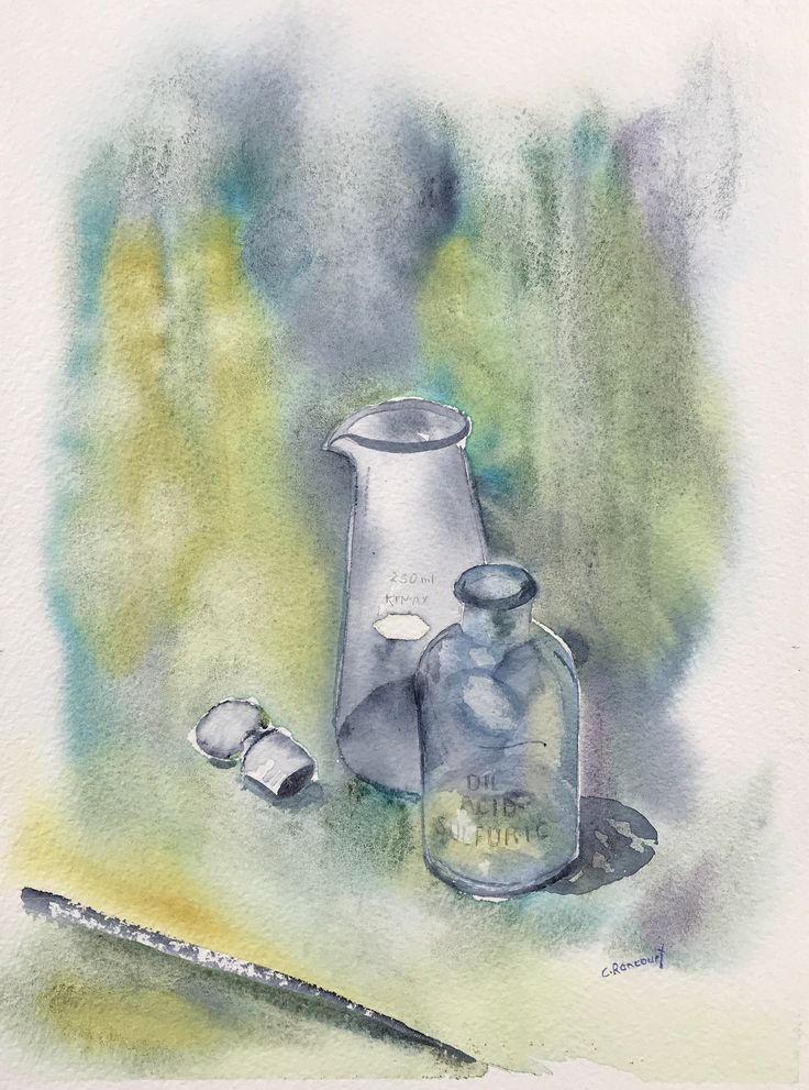 a watercolor painting of an old fashioned flask and salt shaker next to a knife