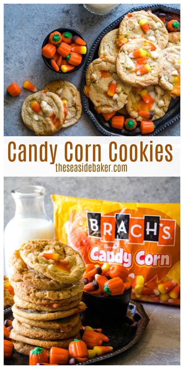 candy corn cookies are stacked on top of each other