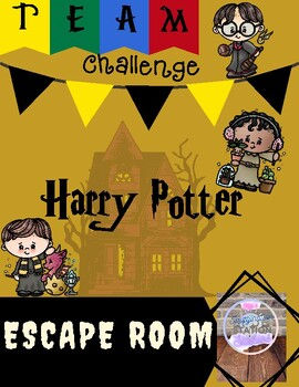 the poster for harry potter's escape room is shown in black, yellow and red