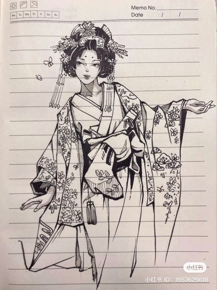 a drawing of a woman in kimono