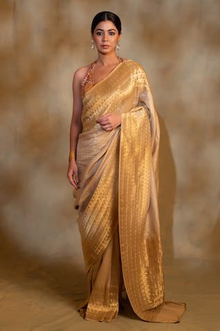 Beige silk georgette saree with silver dots handcrafted pattern. Comes with an unstitched blouse. - Aza Fashions Gold Silk Saree, Saree Gown, Plain Saree, Beige Silk, Silver Silk, Gown Pattern, Sketches Dresses, Indian Inspired, Blouse For Women