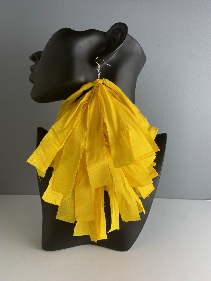 Yellow fabric fringe frayed long hanging earrings. Statement piece earrings. Bold, fun, attention-getting.  Made for pierced ears. Yellow Fringe Jewelry For Party, Yellow Fringe Earrings As Gift, Yellow Fringe Tassel Earrings, Yellow Tassel Earrings For Festival, Bohemian Yellow Earrings For Party, Elegant Yellow Fringe Earrings, Elegant Yellow Tassel Earrings For Summer, Summer Party Earrings With Latkans, Summer Party Chandelier Earrings With Tassels