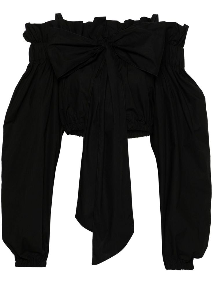 black cotton poplin texture ruffled trim oversize bow detail spaghetti straps off-shoulder elasticated band long sleeves elasticated cuffs elasticated hem cropped straight hem We've partnered with Good On You — an independent agency that rates how brands perform in relation to their impact on the planet, people and animals, with a multi-criteria rating simplified to a five points scale. In order to be awarded our conscious label, larger brands need to score a minimum of four out of five ('Good') Black Bustier, High Neck Blouse, Cotton Crop Top, Striped Crop Top, Long Puff Sleeves, Green Blouse, White Crop Top, Brown Fashion, Black Crop Tops