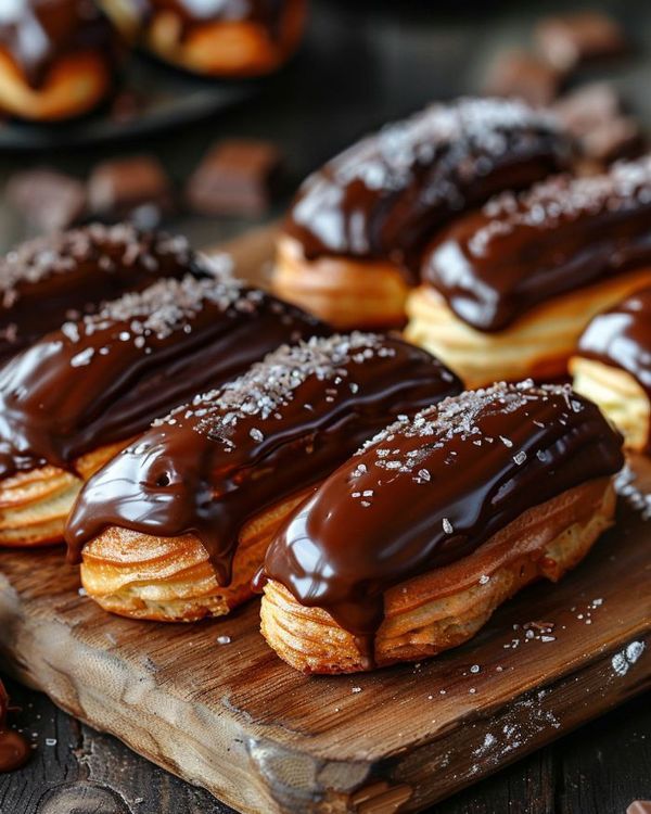 chocolate covered croissants sitting on top of a wooden cutting board