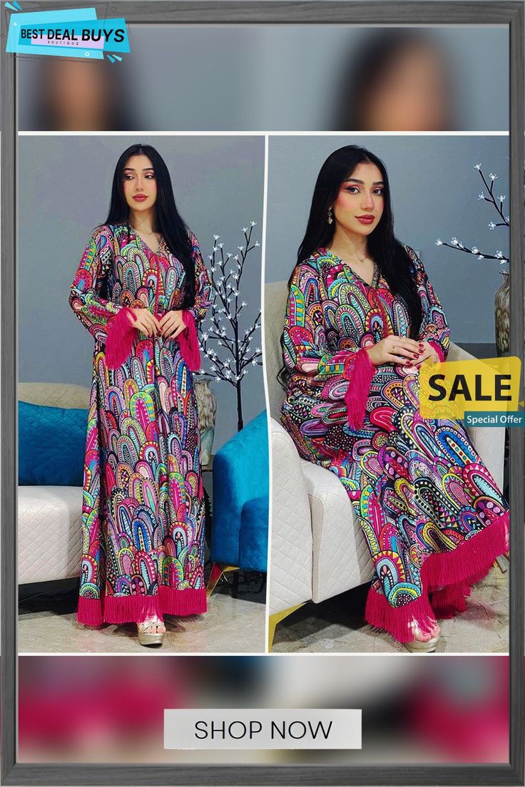 Arabian Muslim Fashion Print Dress Robe Multicolor Maxi Length Sets For Party, Multicolor Printed Floor-length Dress, Long Sleeve Kaftan For Summer Parties, Summer Long Sleeve Kaftan For Parties, Pink Printed Tunic Dress, Long Sleeve Summer Party Kaftan, Multicolor Long Maxi Dress For Party, Summer Long Sleeve Party Kaftan, Summer Party Long Sleeve Kaftan