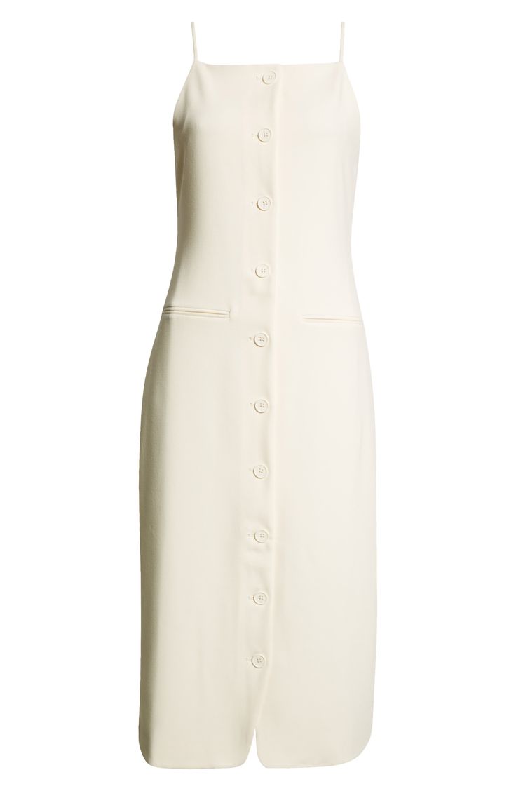 Every closet craves this button-front midi dress designed with a modern square neck and slinky straps. 45 1/2" length (size Medium) Front button closure Square neck Spaghetti straps Front welt pockets Lined 68% polyester, 27% viscose, 5% elastane Dry clean or machine wash, tumble dry Imported Fitted Midi Dress With Button Back, Fitted Knee-length Midi Dress With Button Back, Fitted Button Back Midi Dress For Daywear, Fitted Midi Dress With Button Back For Daywear, Daywear Midi Dress With Button Back, Elegant Buttoned Midi Dress For Daywear, Button Back Midi Dress For Daywear, Chic Knee-length Midi Dress With Button Back, Fitted Button Back Midi Dress For Work