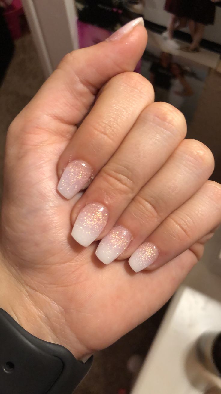 light pink french fade Sparkly Short Square Nails, Nail Ideas Acrylic Light Pink, Hoco Nails Light Pink, Hoco Nails Sparkle, Cute Homecoming Nails Short, Cute Hoco Nails For Pink Dress, Simple Nails For Senior Pictures, Glitter Fade Acrylic Nails, Simple Hoco Nails Short