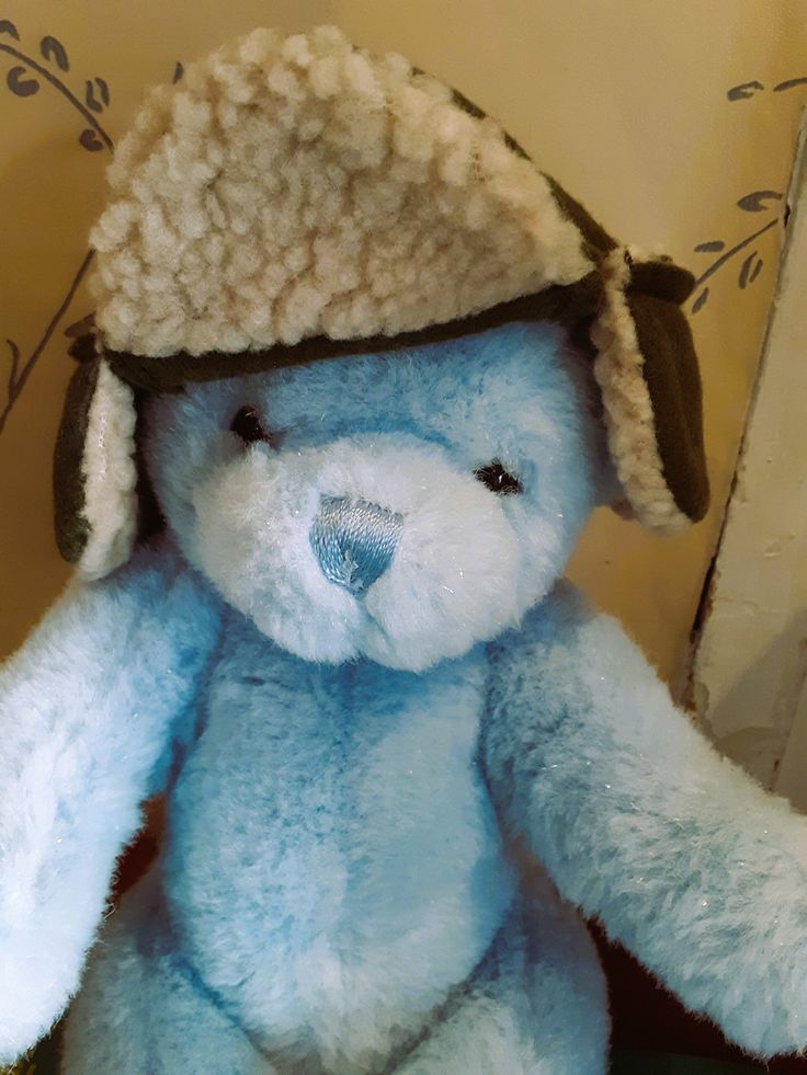 a blue teddy bear with a hat on it's head