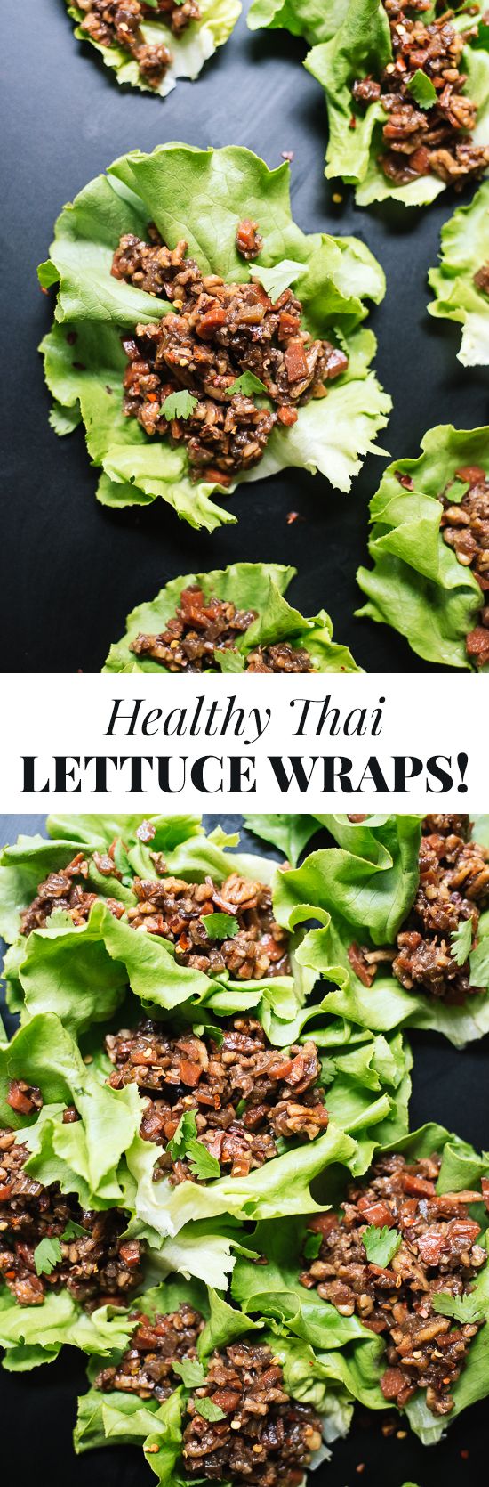 lettuce wraps with meat on top and the title above it reads healthy thai lettuce wraps